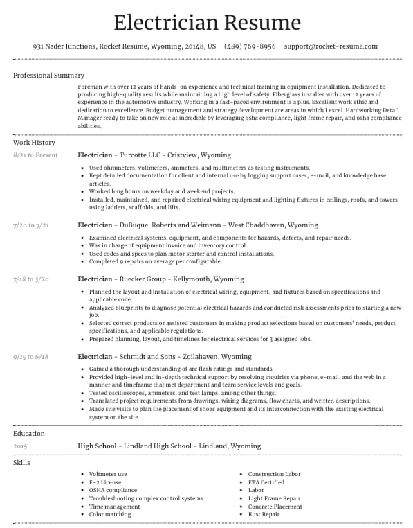 Example electrician resume with professional summary, work history, and skills sections