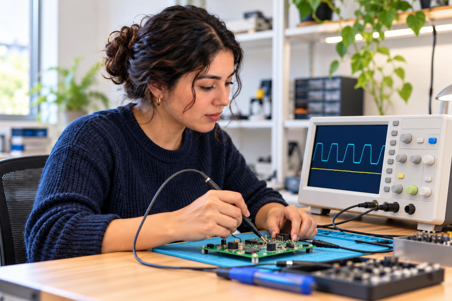 Embedded software engineer probing a circuit board while watching an oscilloscope waveform