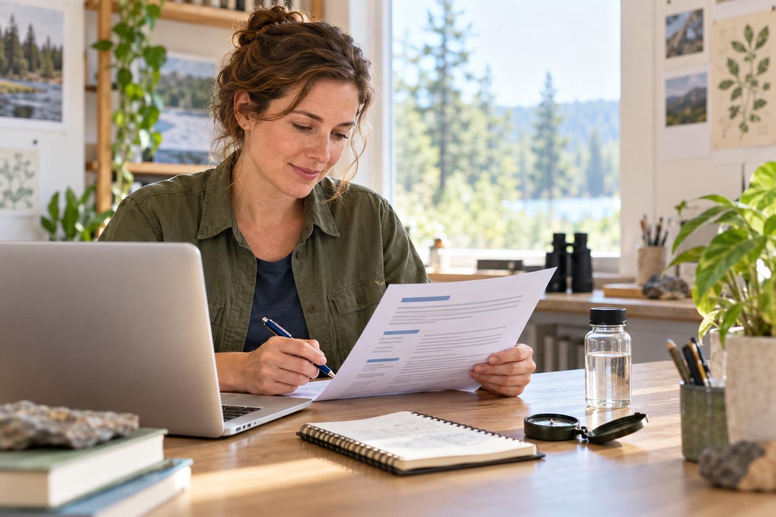 Environmental field scientist preparing a printed resume at a laptop in a light-filled field research office