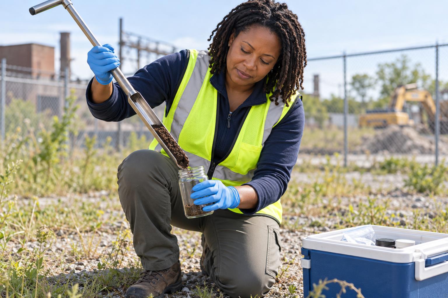 Environmental technician collecting a soil sample with a soil probe at a redevelopment site