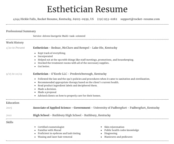Example esthetician resume with professional summary, work history, and skills