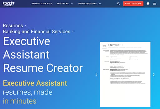 Rocket Resume executive assistant resume creator page with a sample resume