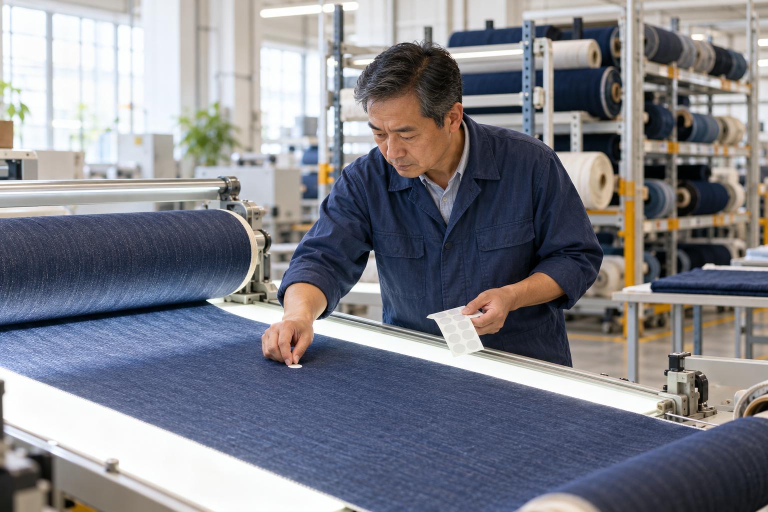 Fabric inspector marking a weave flaw on denim running over a backlit inspection table