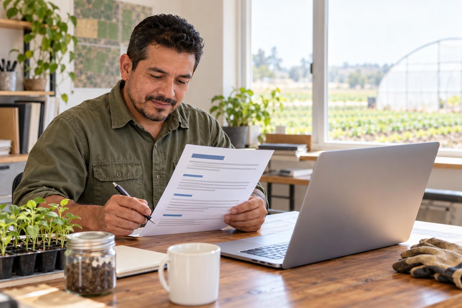 Farm operations professional preparing a printed resume at a laptop in a sunlit farm office