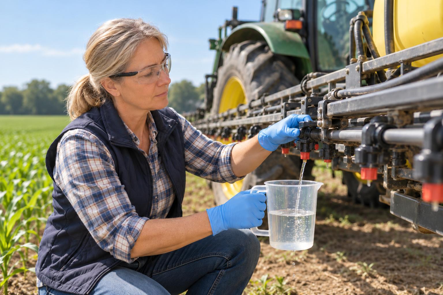 Farmer in gloves and safety glasses calibrating a boom sprayer nozzle beside a row-crop field