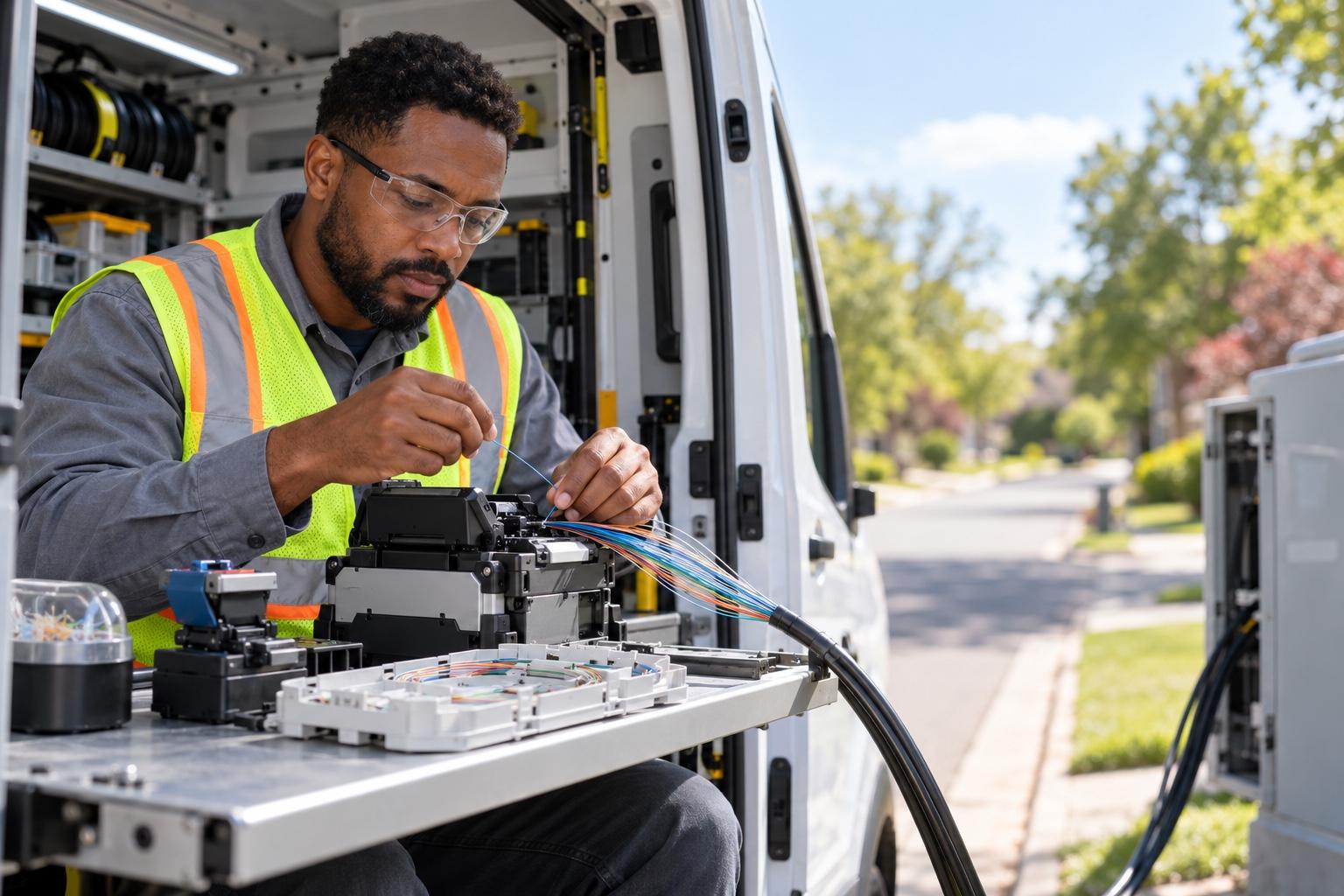 Fiber optic technician fusion-splicing cable at the side door of a splicing van