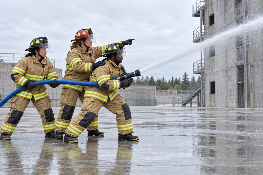 Fire lieutenant coaching two firefighters through a hose drill in a training yard