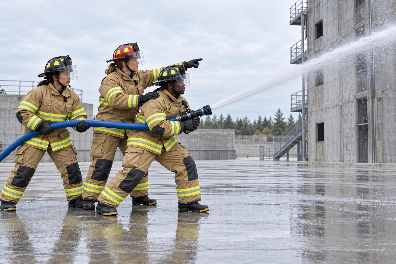 Fire lieutenant coaching two firefighters through a hose drill in a training yard