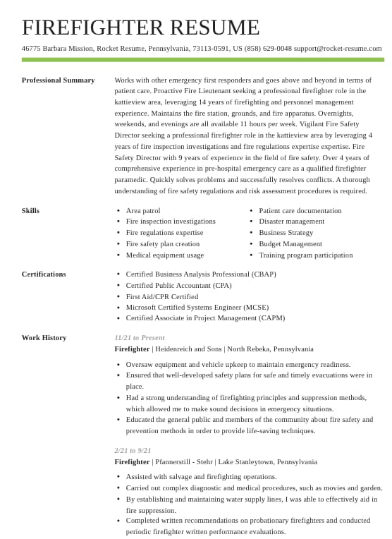 Example firefighter resume with summary, skills, certifications, and work history sections