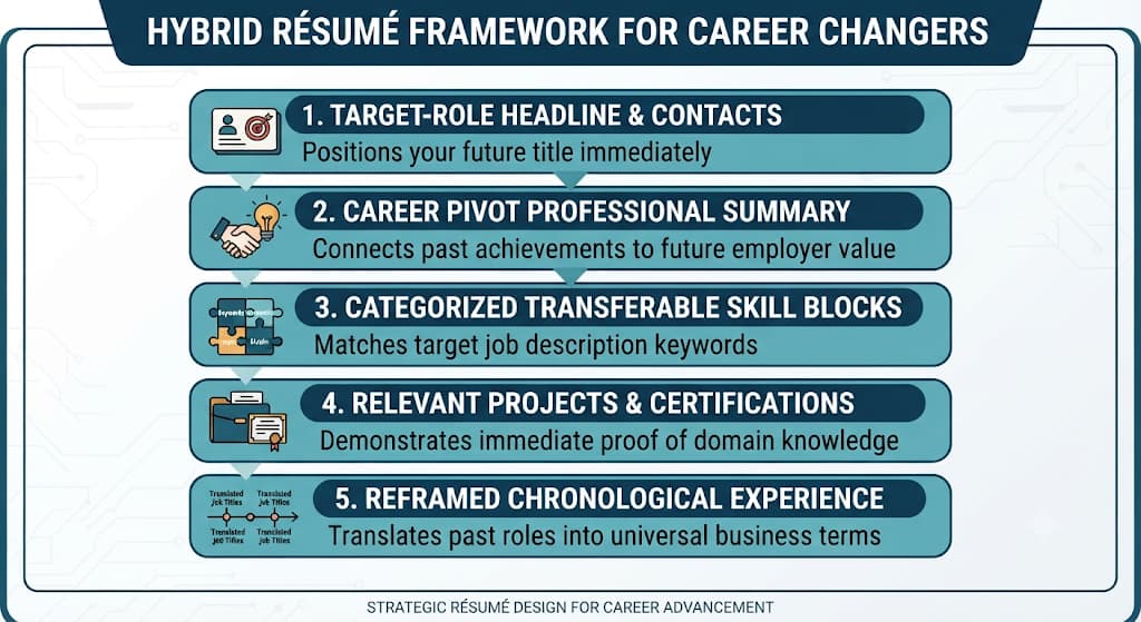Infographic of the five-part hybrid resume for career changers, from target-role headline to reframed chronological experience