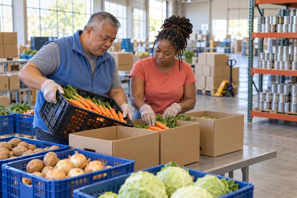 Food pantry coordinator at work in a community food bank warehouse