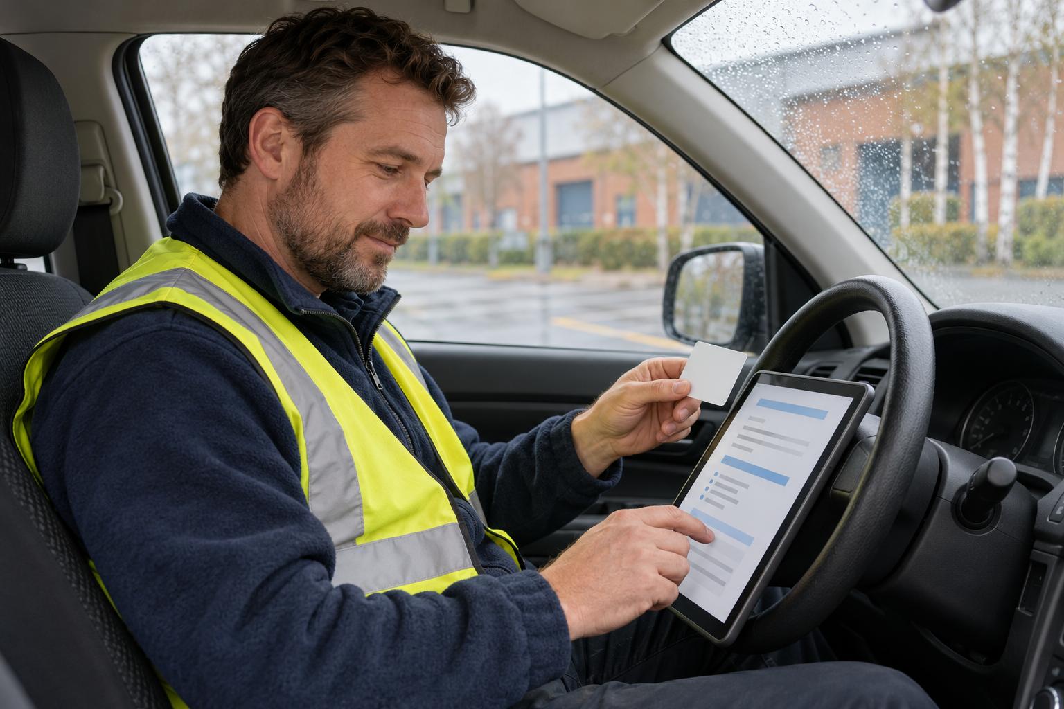 Forklift driver adding his licence to his CV on a tablet in his parked car at lunchtime