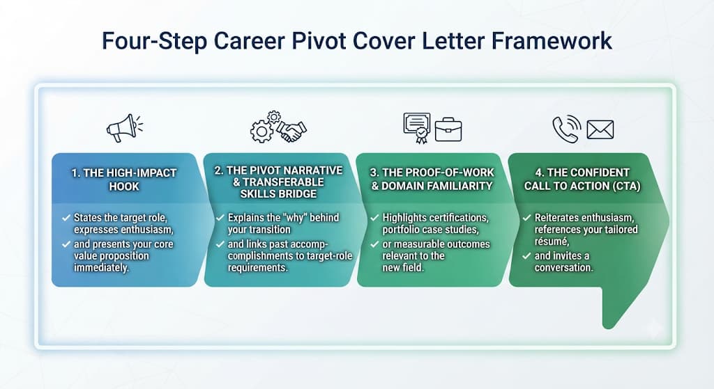 Four-part career change cover letter: opening hook, pivot narrative, proof of work, confident call to action