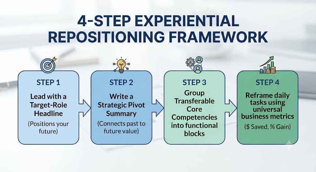 Infographic of the four-step resume repositioning framework: target-role headline, pivot summary, grouped transferable skills, metric-based tasks
