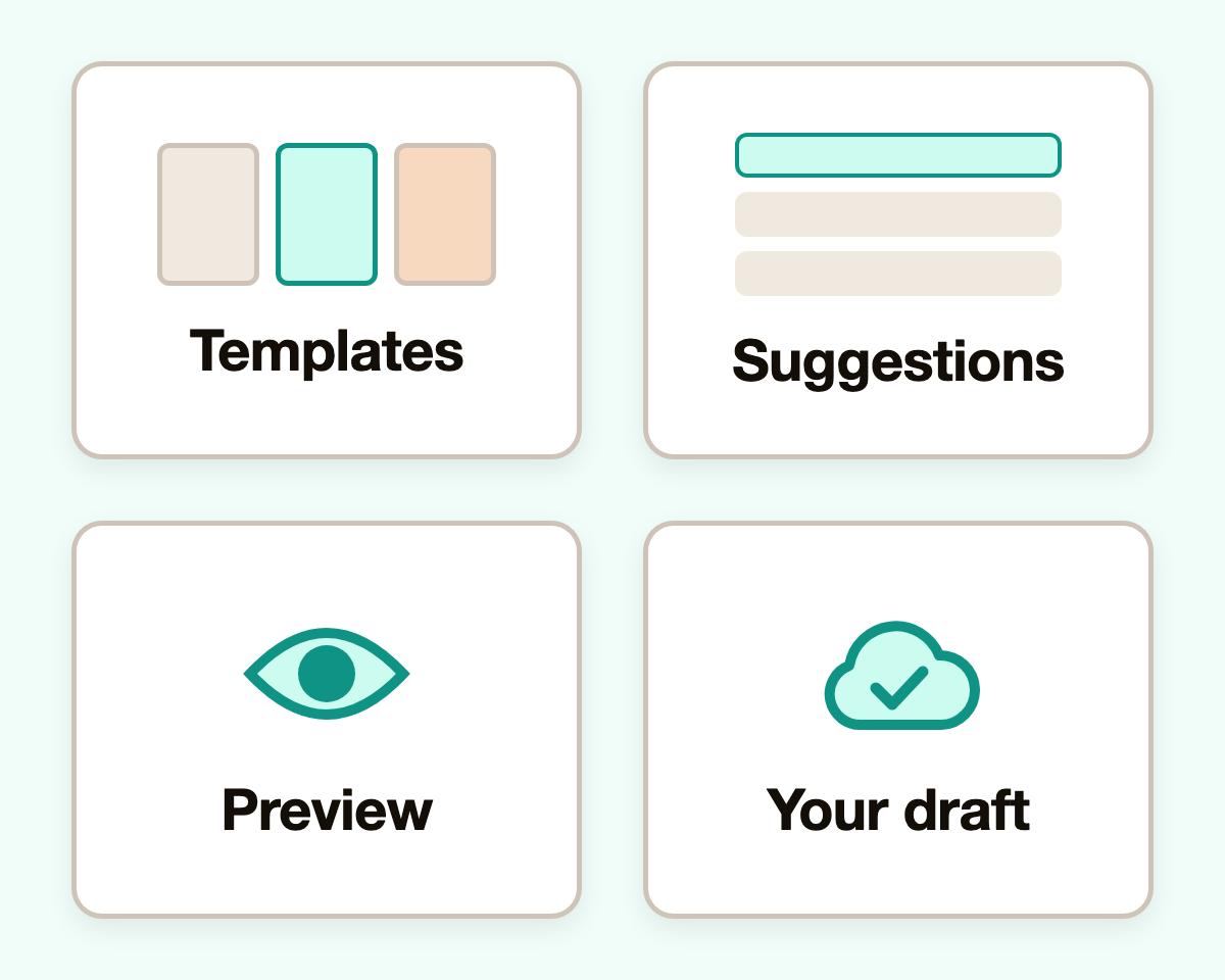 Four tiles for what comes with your resume: templates, suggestions, a live preview and your saved draft.