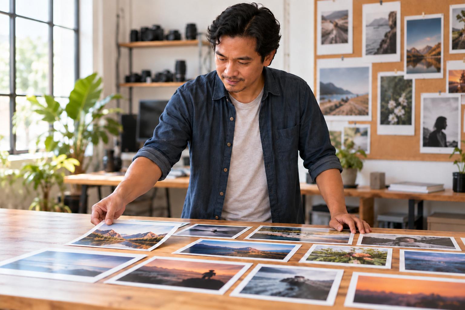 Freelance photographer arranging prints of his photographs to choose his portfolio