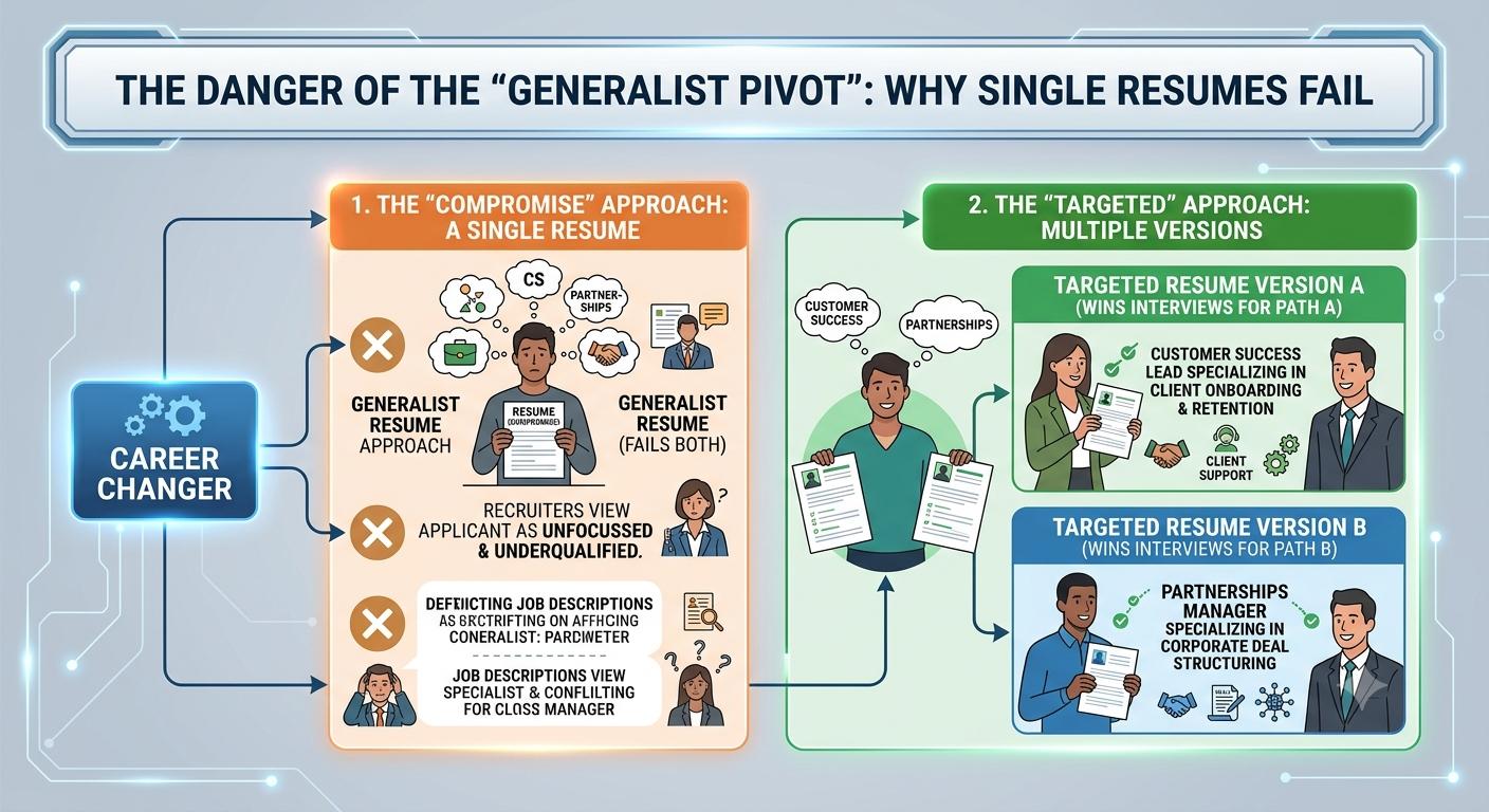 Infographic contrasting a single generalist resume with targeted resume versions
