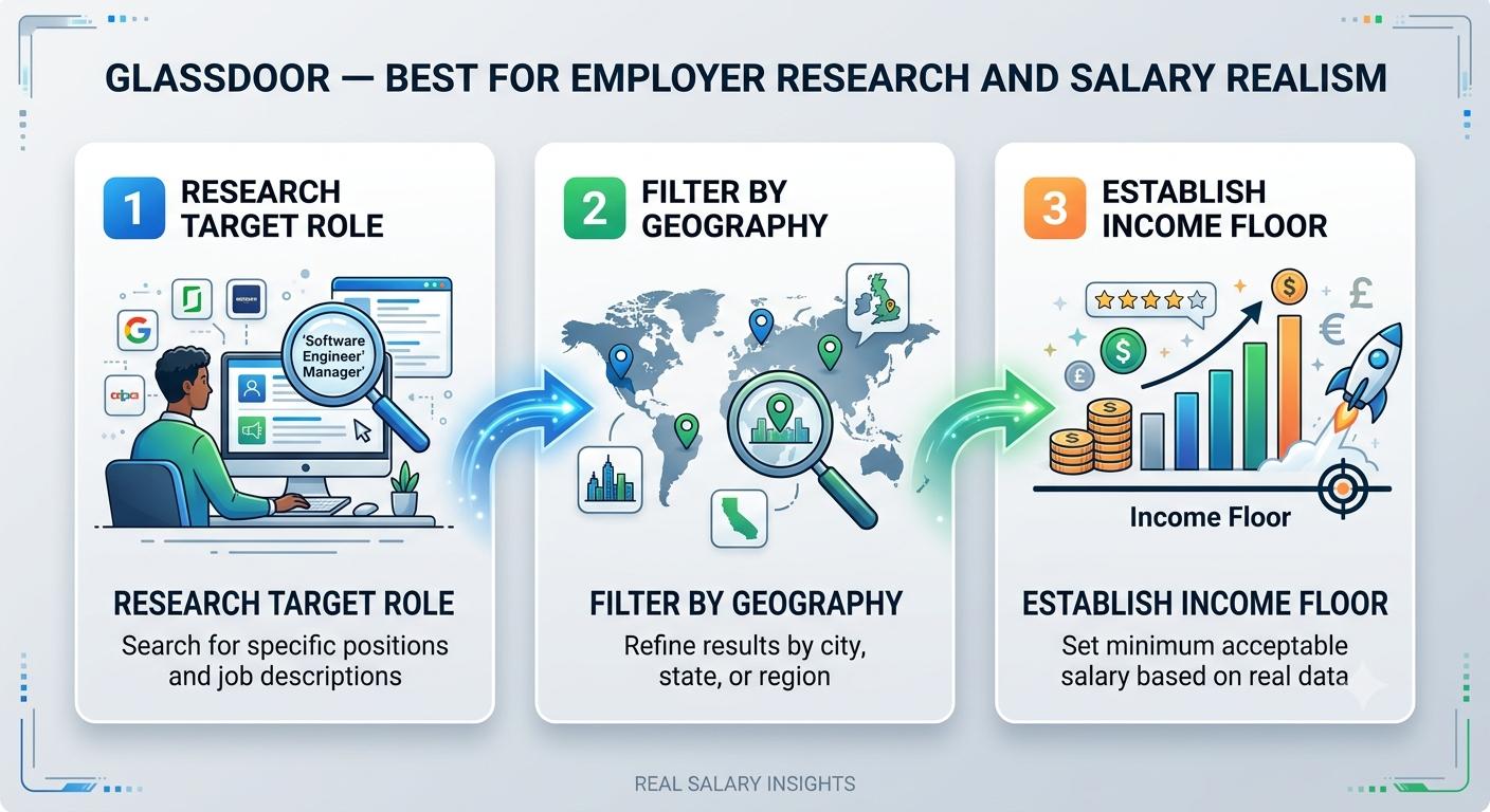 Infographic of Glassdoor research steps: target role, geography filter, and income floor