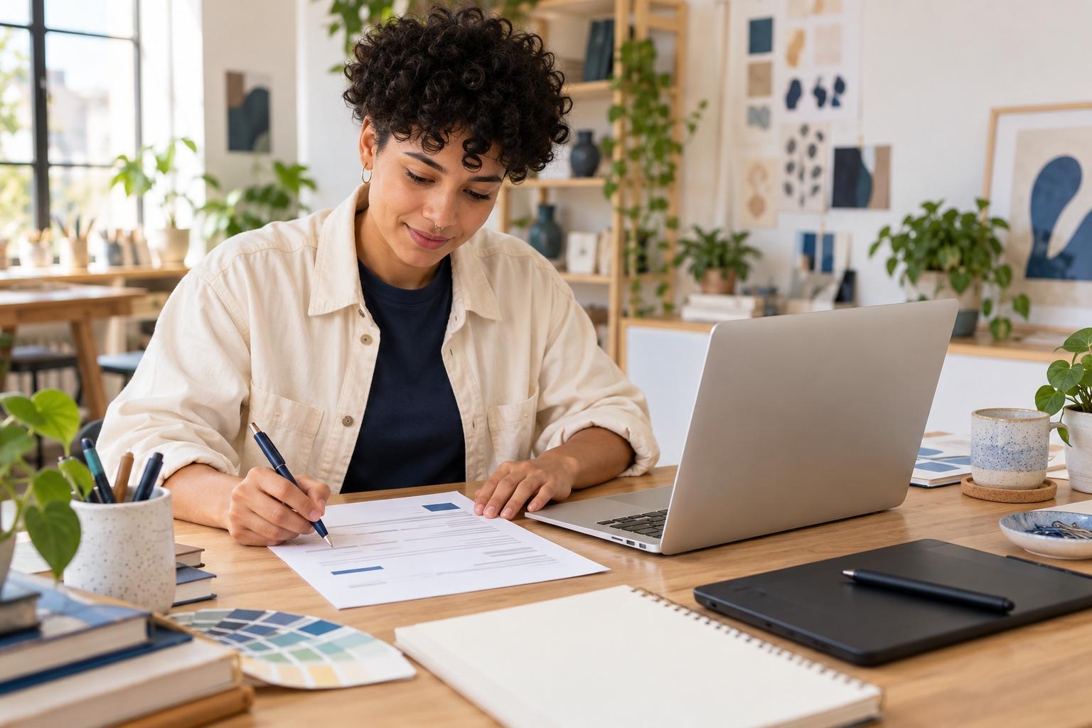 Graphic designer preparing a printed resume at a laptop in an airy independent creative studio