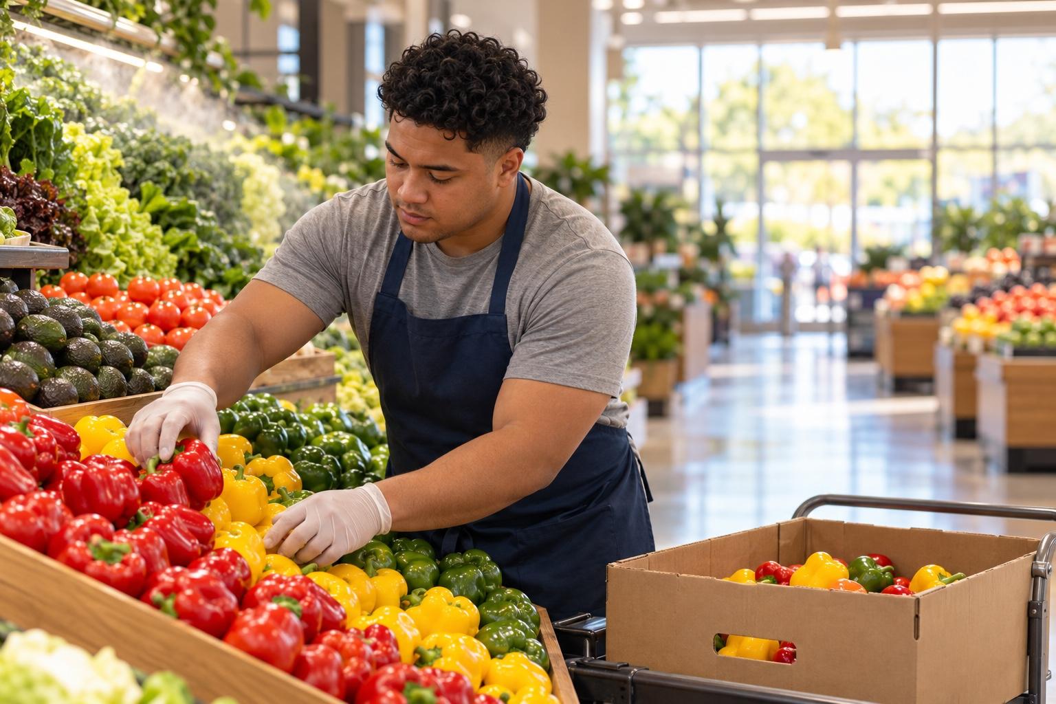 Grocery store stocker restocking the produce section before opening