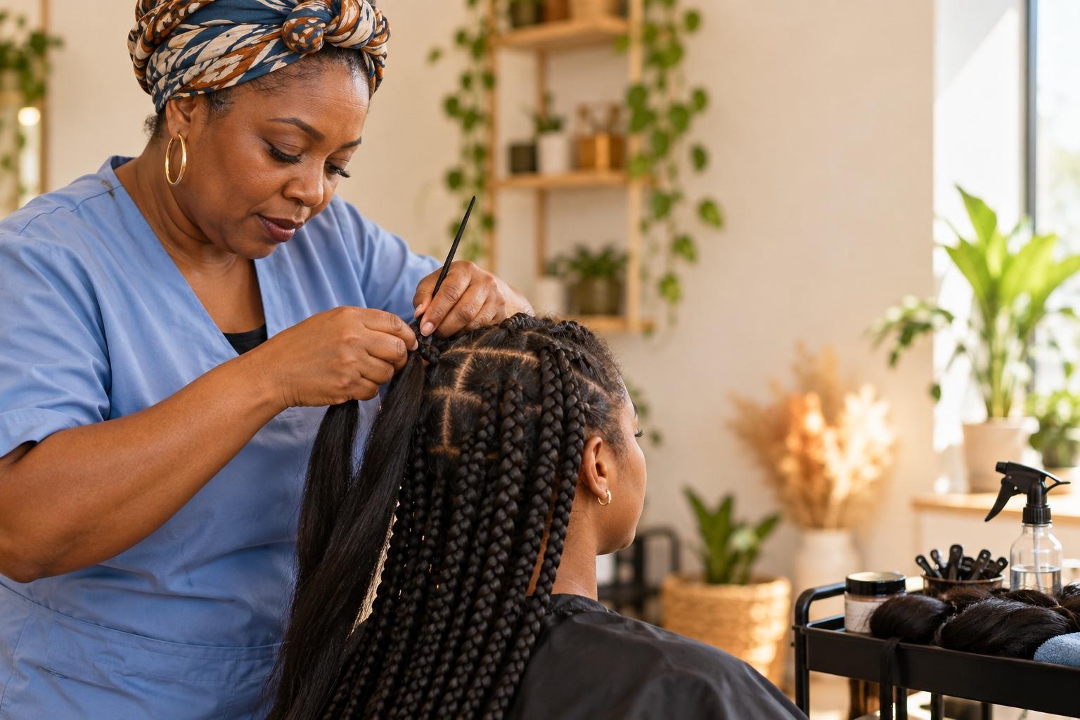 Hair braider creating long knotless box braids in a bright braiding salon