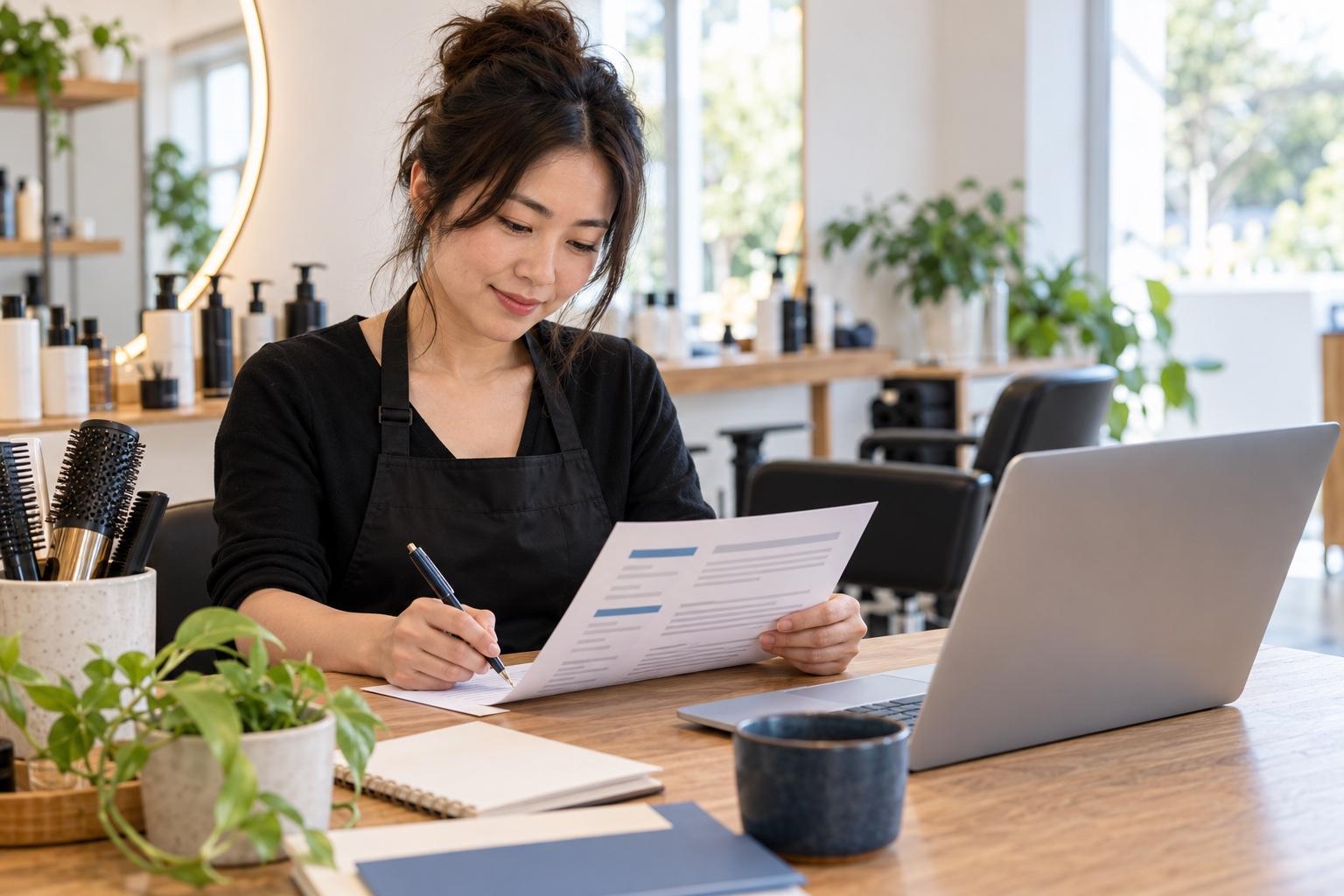 Hairstylist preparing a printed resume at a laptop in a light-filled contemporary salon consultation corner