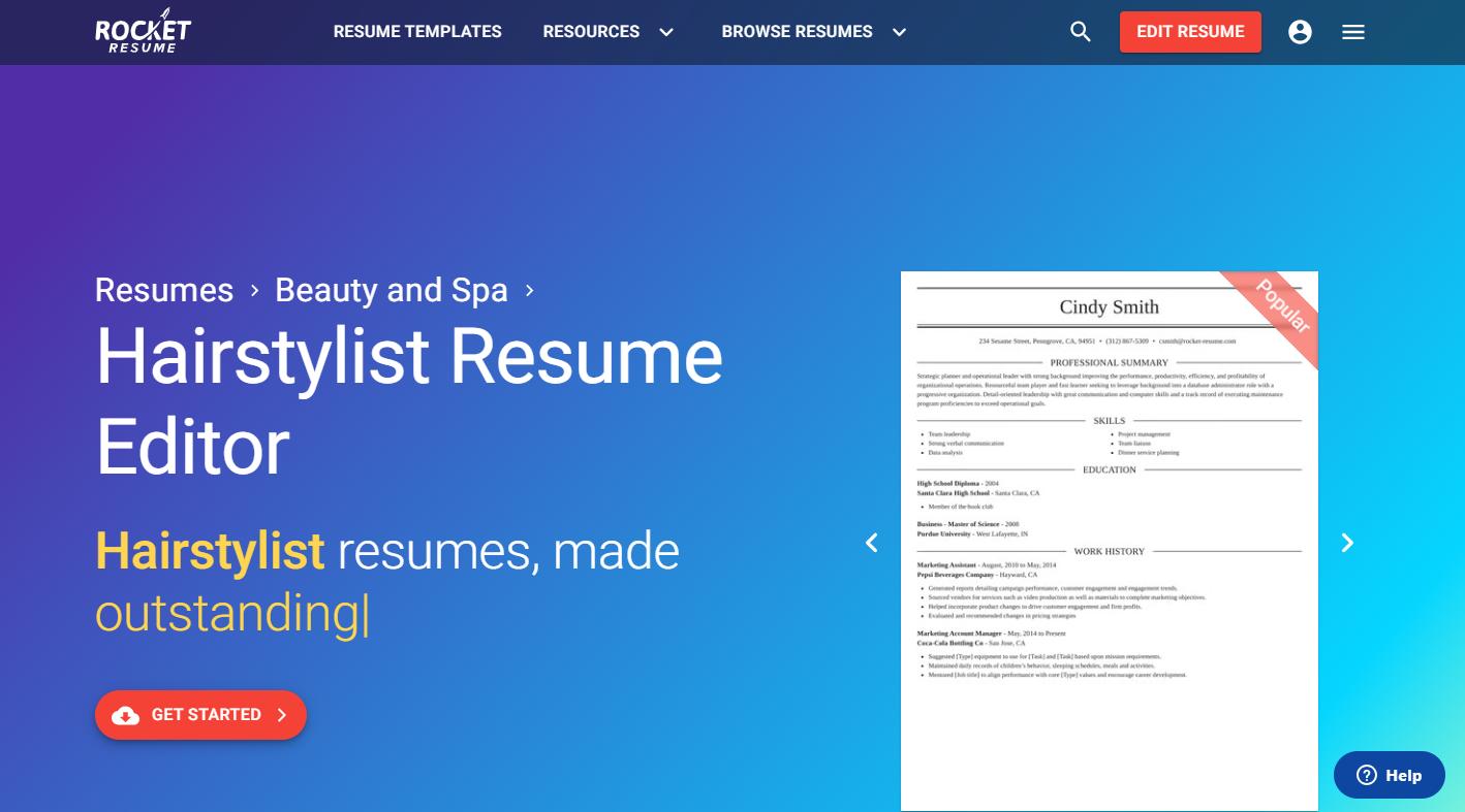 Rocket Resume hairstylist resume editor page with a sample resume preview