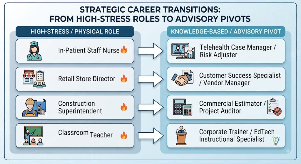 Diagram pairing high-stress jobs like nurse and teacher with knowledge-based advisory pivots