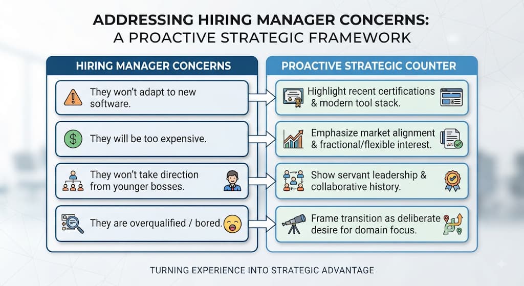 Two-column chart matching hiring manager concerns with proactive counter-arguments for each