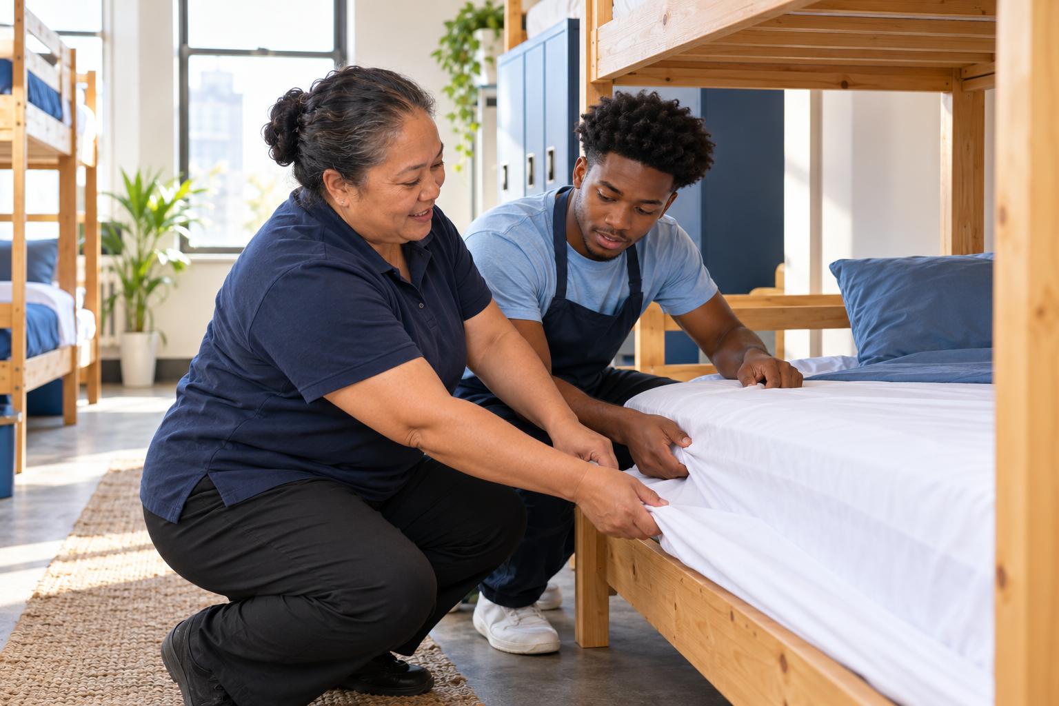Hostel manager showing a new housekeeper how to make up a bunk bed