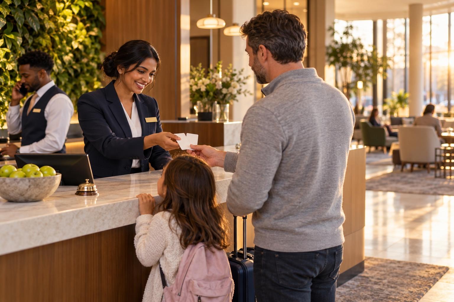 Hotel front desk shift leader checking in a family at the reception counter