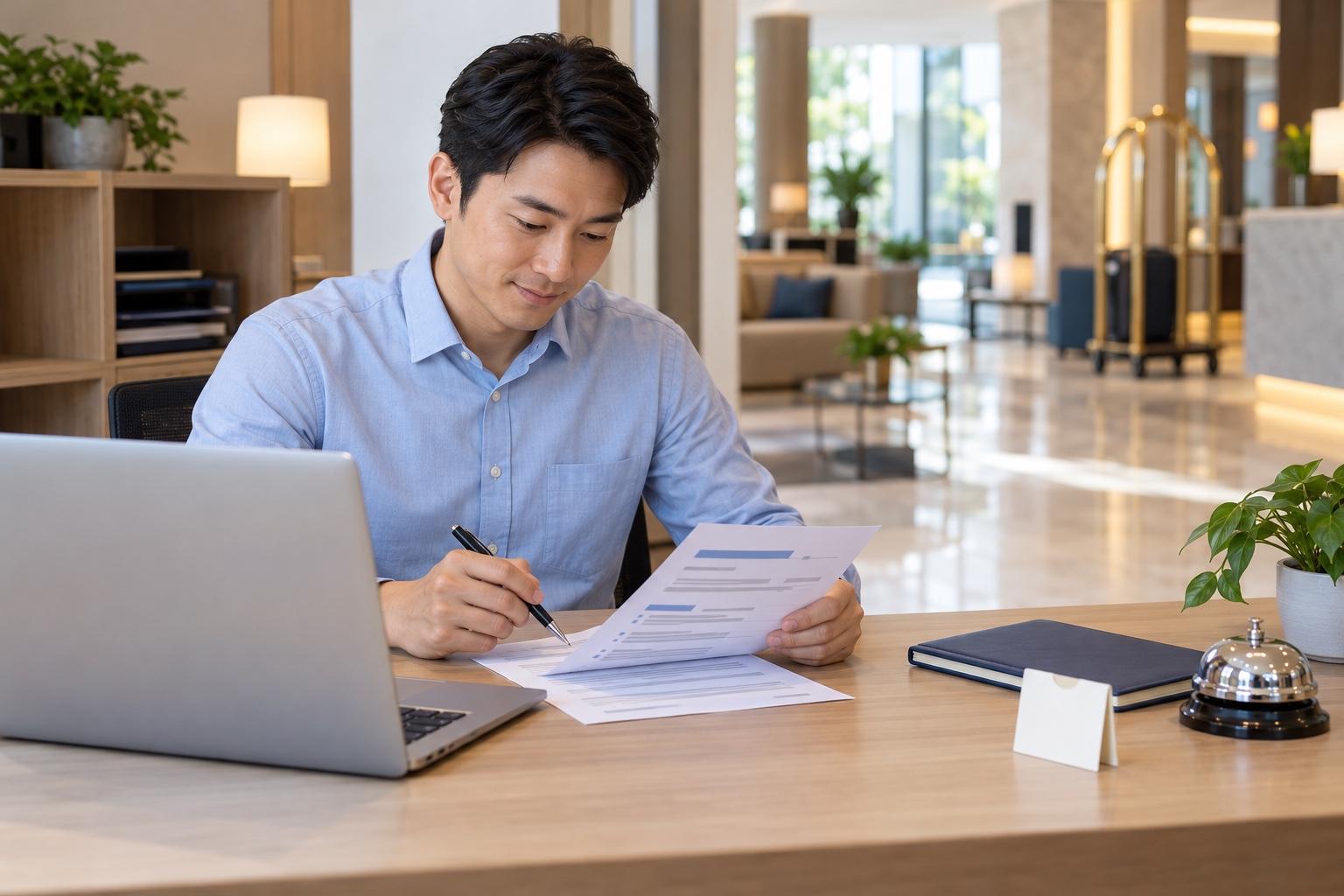 Hotel front-office professional preparing a printed resume at a laptop in a quiet bright hotel back-office desk
