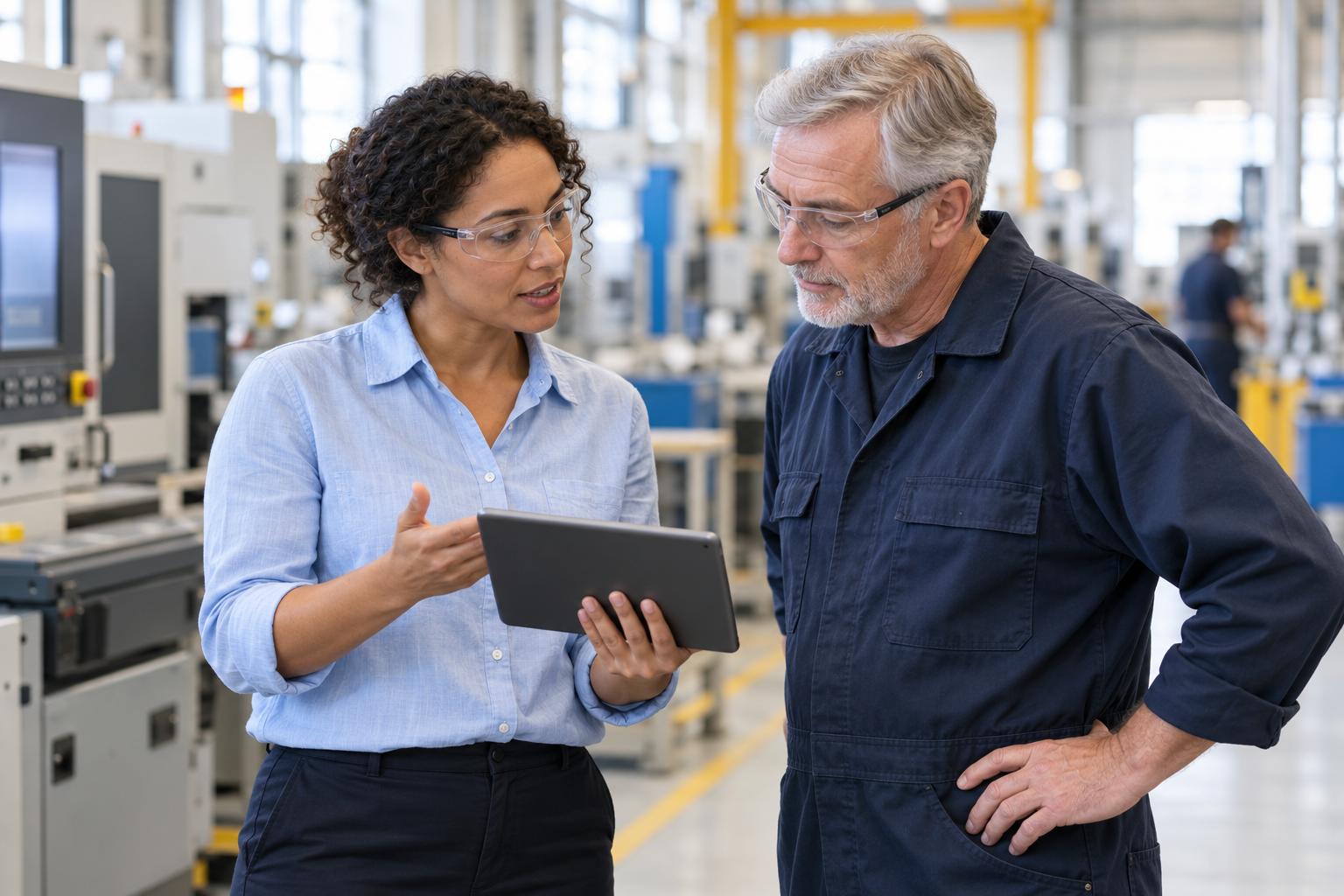 HR generalist talking with a machine operator over a tablet on a factory floor