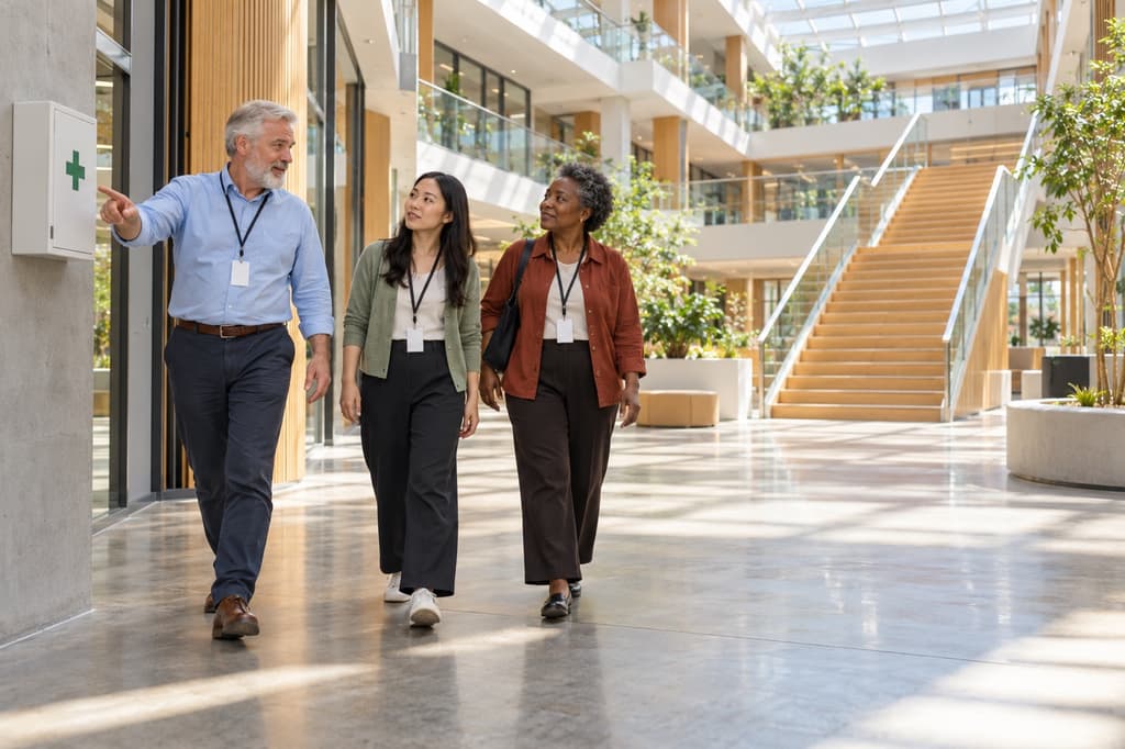 HR training facilitator leading two new hires on an orientation walk through an office atrium