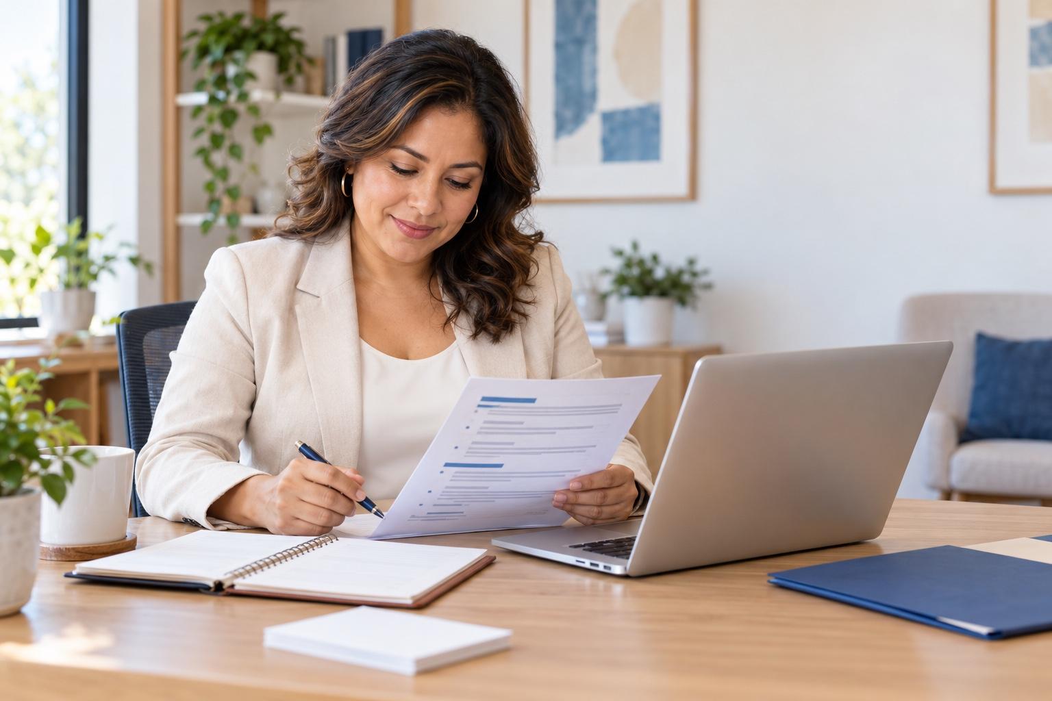 Human-resources coordinator preparing a printed resume at a laptop in a welcoming bright HR consultation room