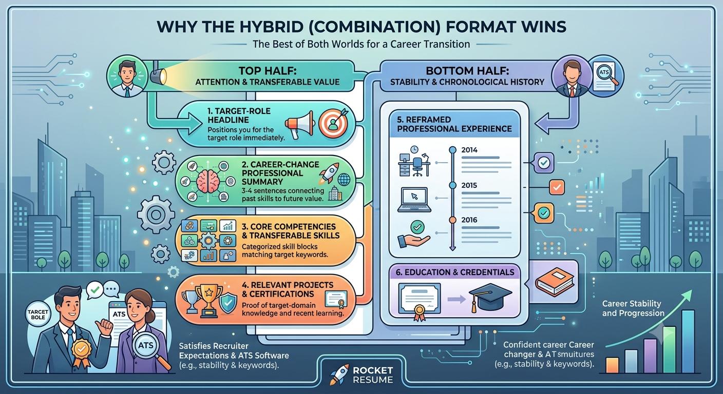 Infographic explaining why the hybrid resume format wins for career transitions