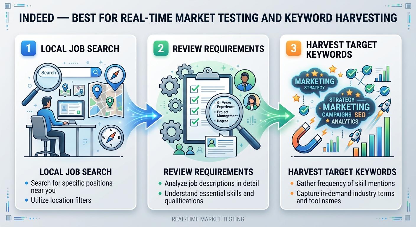 Infographic on using Indeed for job search, requirement review, and keyword harvesting