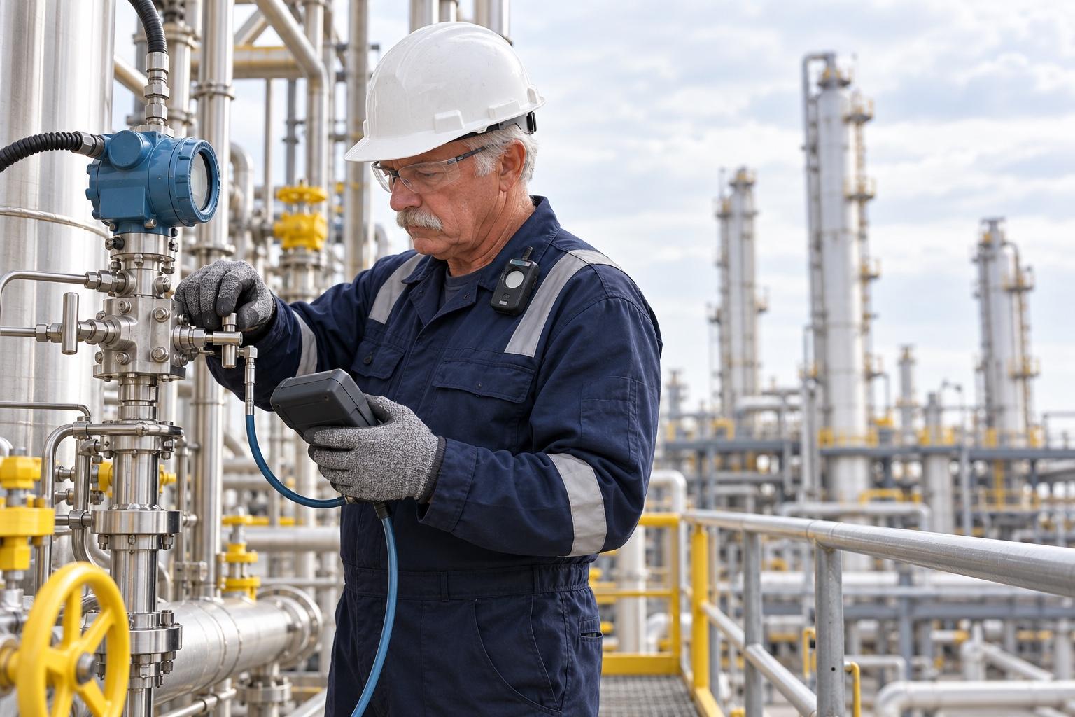 Instrumentation engineer calibrating a pressure transmitter on a chemical plant process line