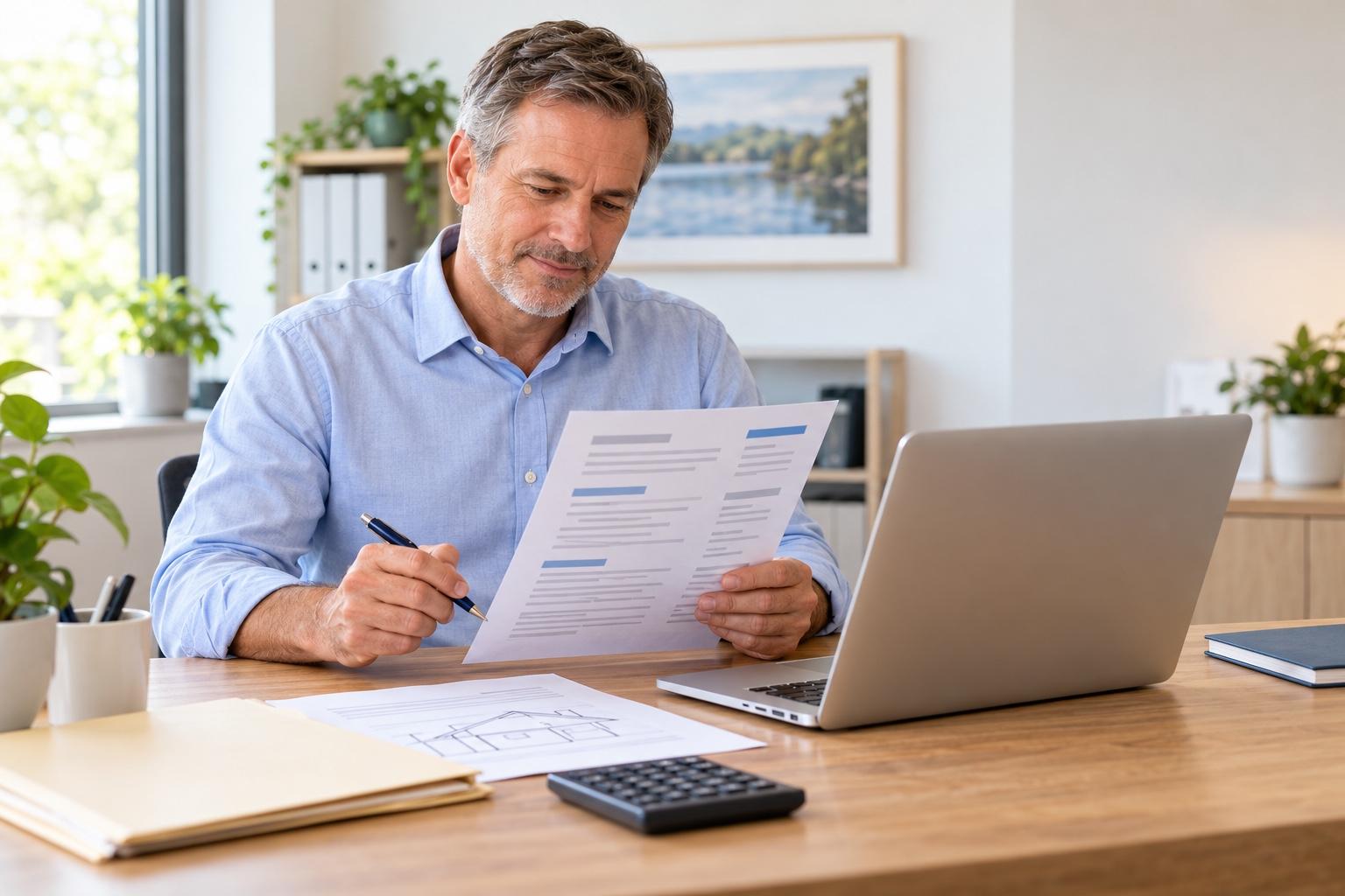 Insurance claims professional preparing a printed resume at a laptop in a bright approachable insurance office