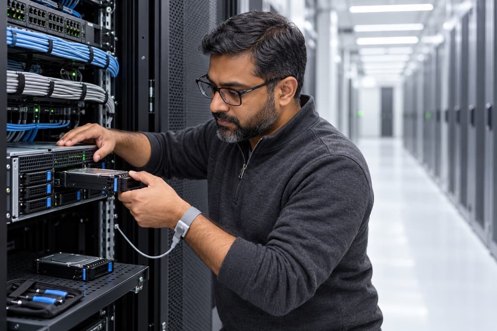 IT technician replacing a failed drive in a server rack in a data center