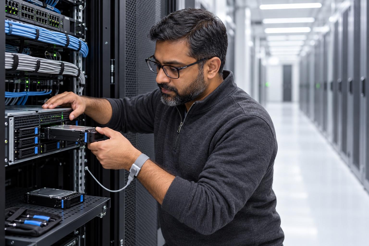 IT technician replacing a failed drive in a server rack in a data center