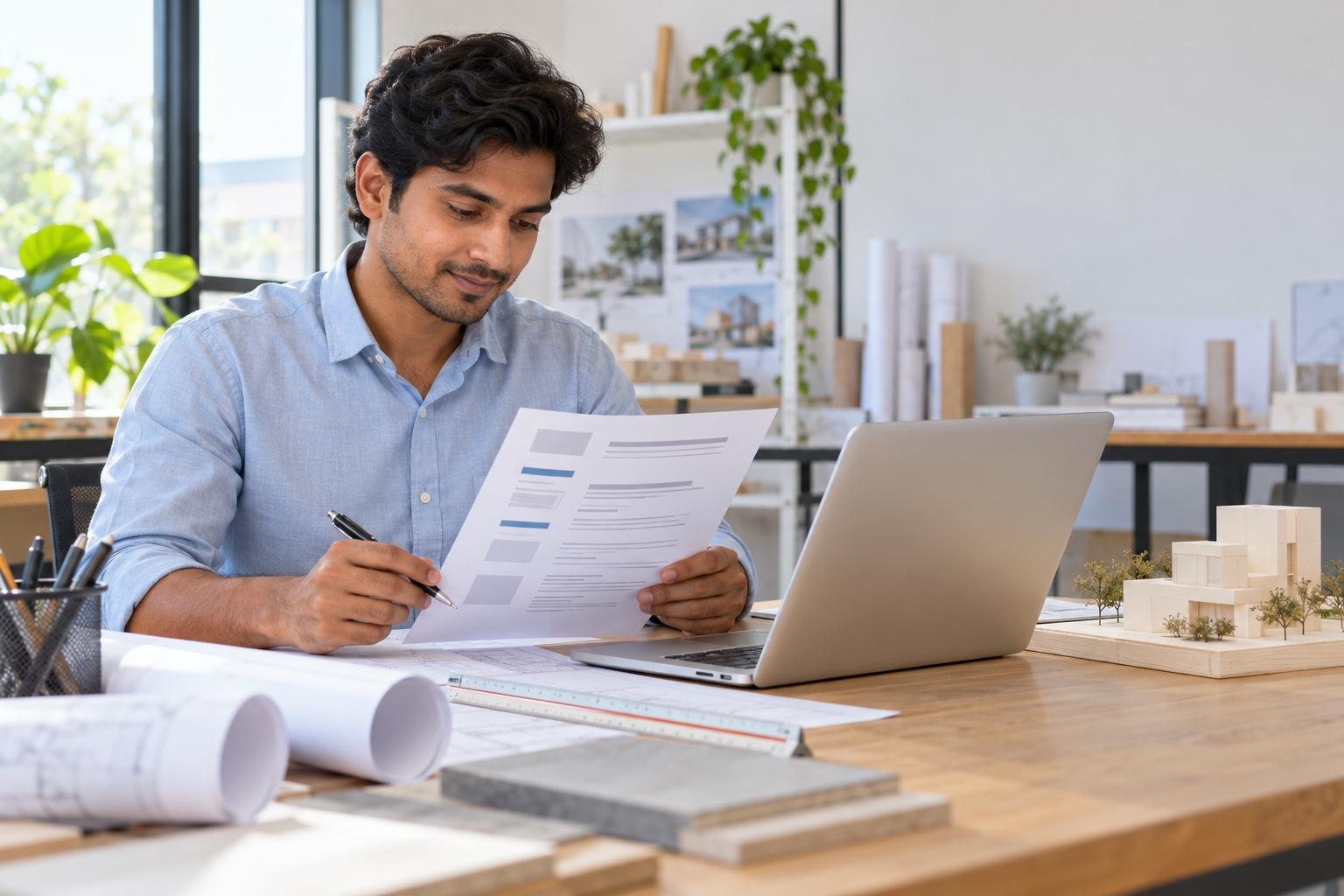 Junior architect preparing a printed resume at a laptop in an airy architecture studio