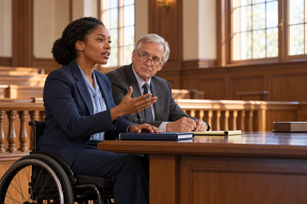 Junior lawyer presenting an argument from the counsel table in a courtroom