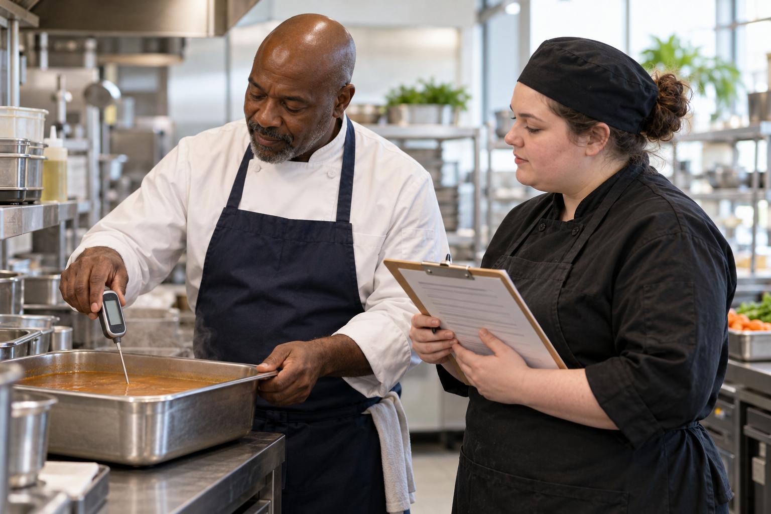 Kitchen manager probing soup with a thermometer during a food safety check with a cook