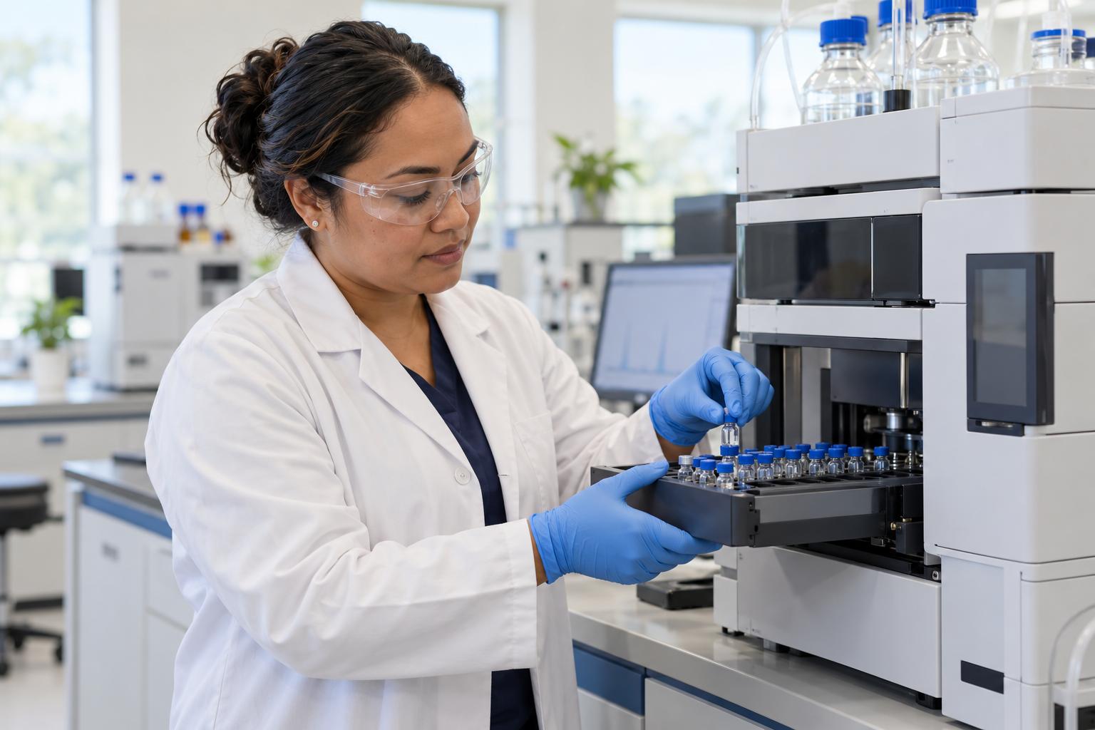 Lab scientist loading sample vials into an HPLC autosampler in a bright analytical laboratory