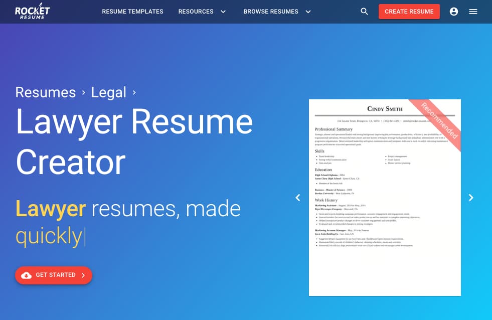 Rocket Resume lawyer resume creator page with a sample resume