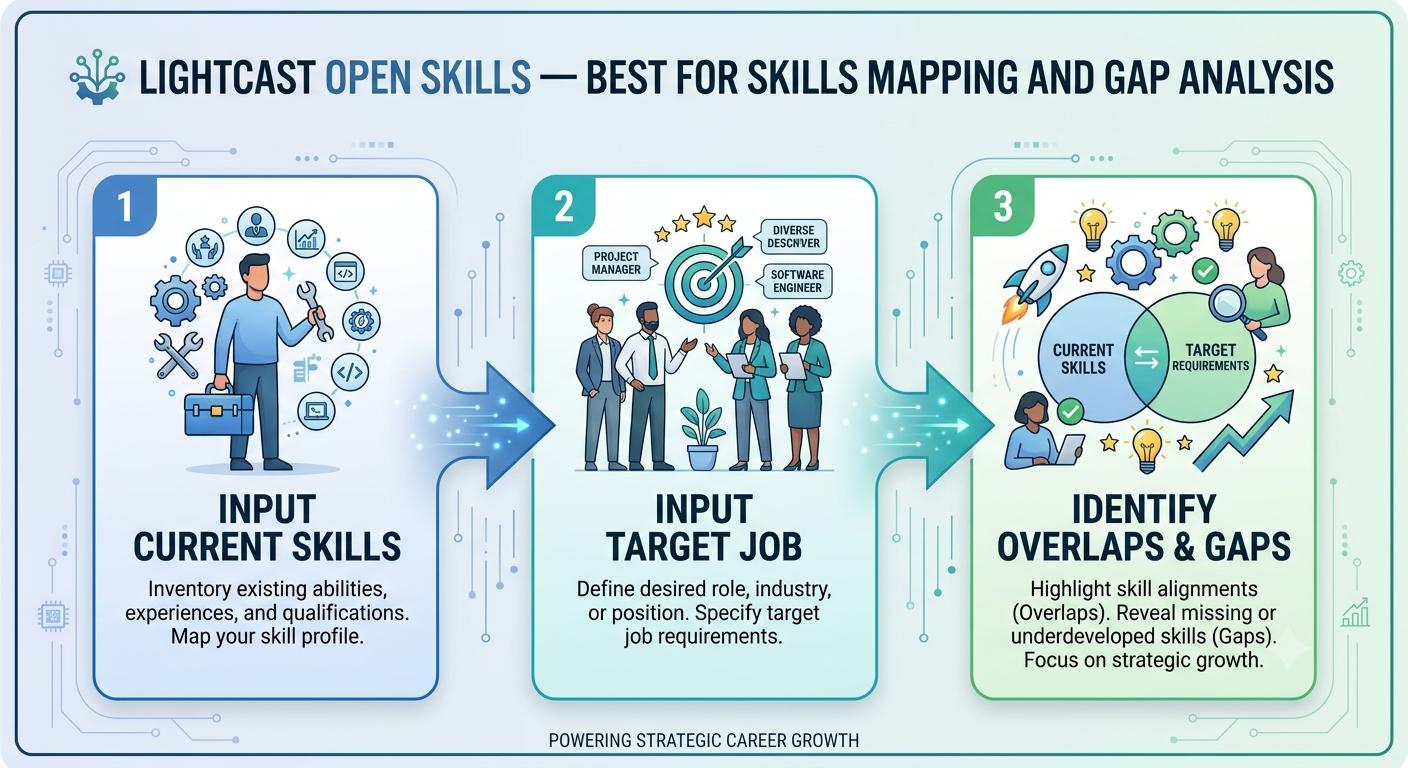 Infographic showing Lightcast Open Skills steps for skills mapping and gap analysis