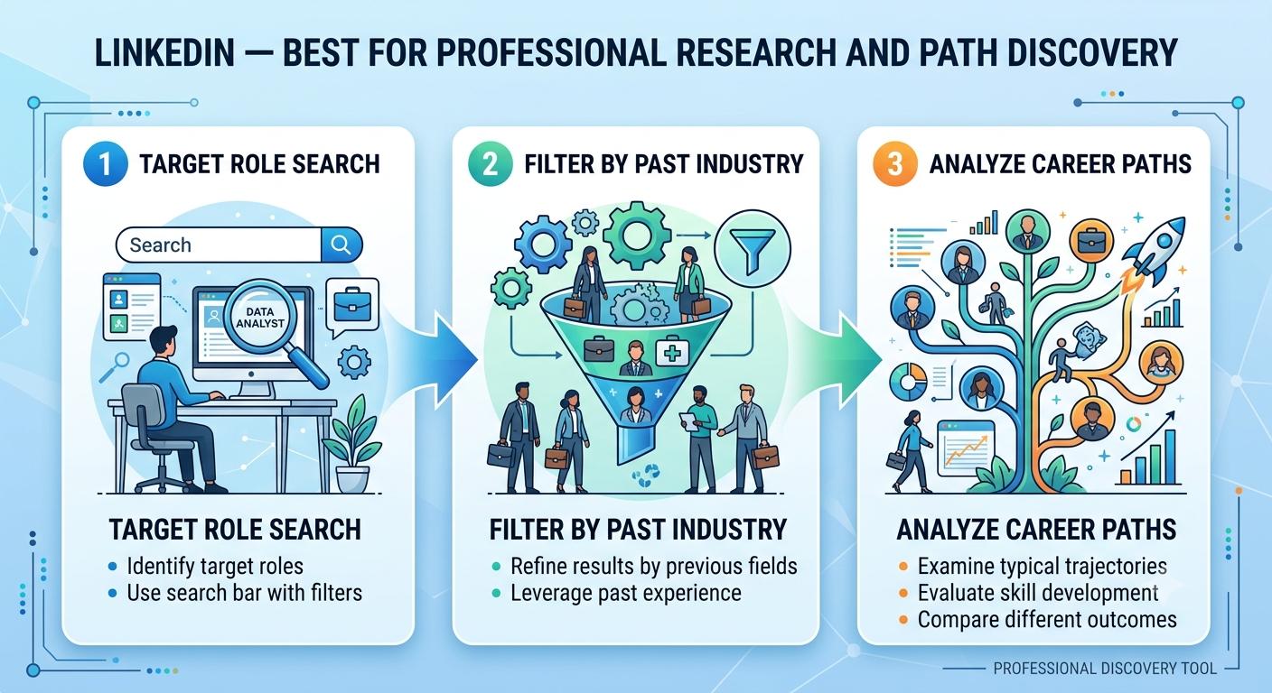 Infographic on using LinkedIn for role search, industry filters, and career path analysis