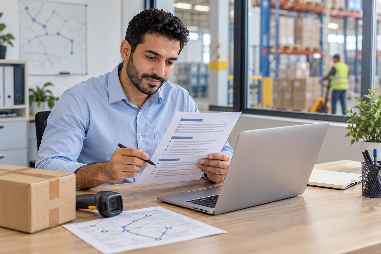 Logistics coordinator preparing a printed resume at a laptop in a bright distribution planning office