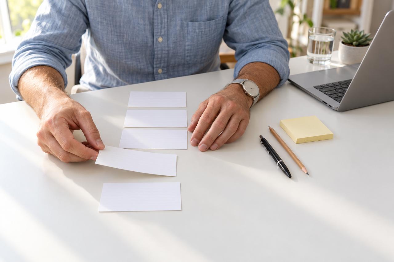Man arranging five blank index cards in a column on a white desk beside a laptop